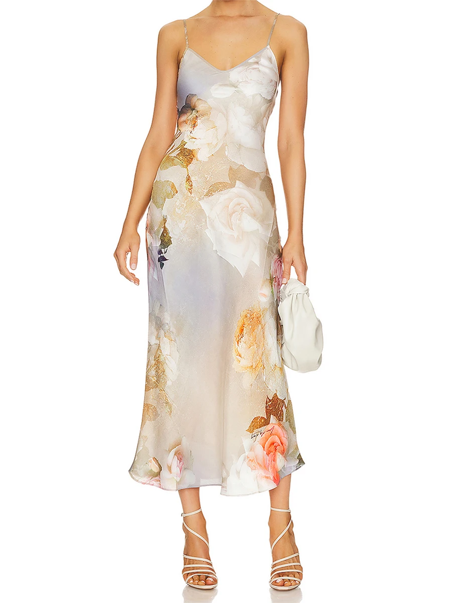 

Женское атласное длинное платье без рукавов, вечернее платье на бретелях-спагетти с V-образным вырезом и цветочным принтом, праздничное платье