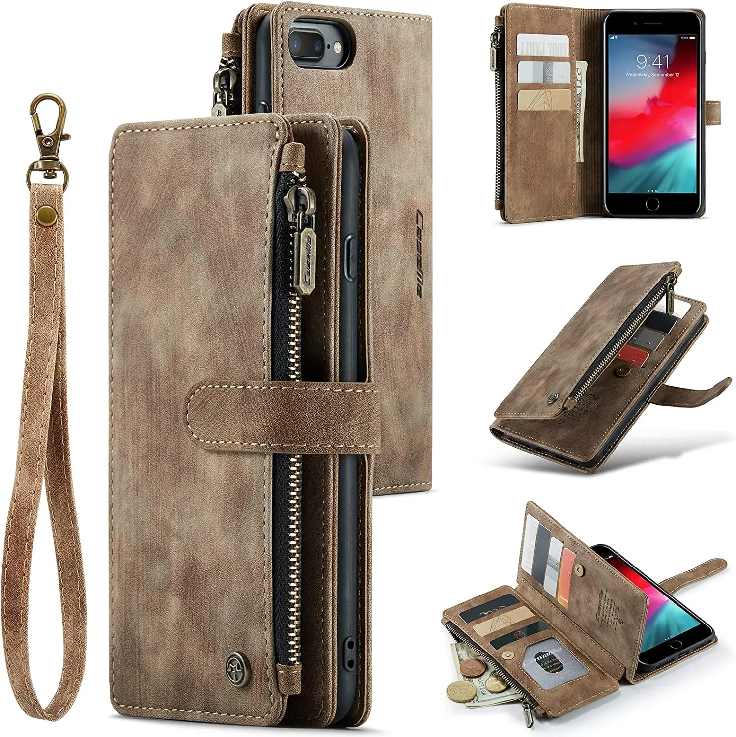 

Чехол-кошелек для iPhone 8 Plus/iPhone 7 Plus, винтажный Чехол-книжка из искусственной кожи на магнитной застежке-молнии, с ремешком на руку и подставкой