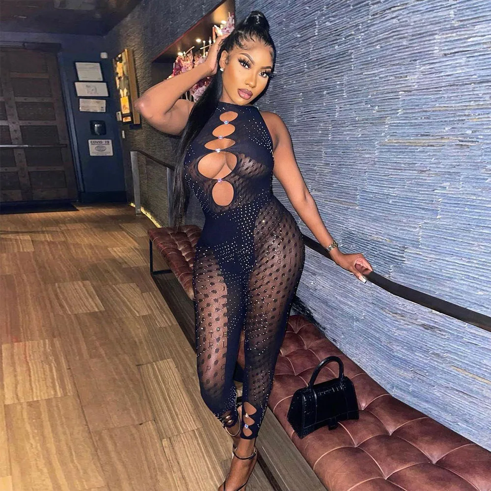Luxurious Diamond Sheer Mesh Patchwork Sleeveless Skinny Jumpsuit Dot Print Hollow Out Sexy Rompers Streetwear Summer