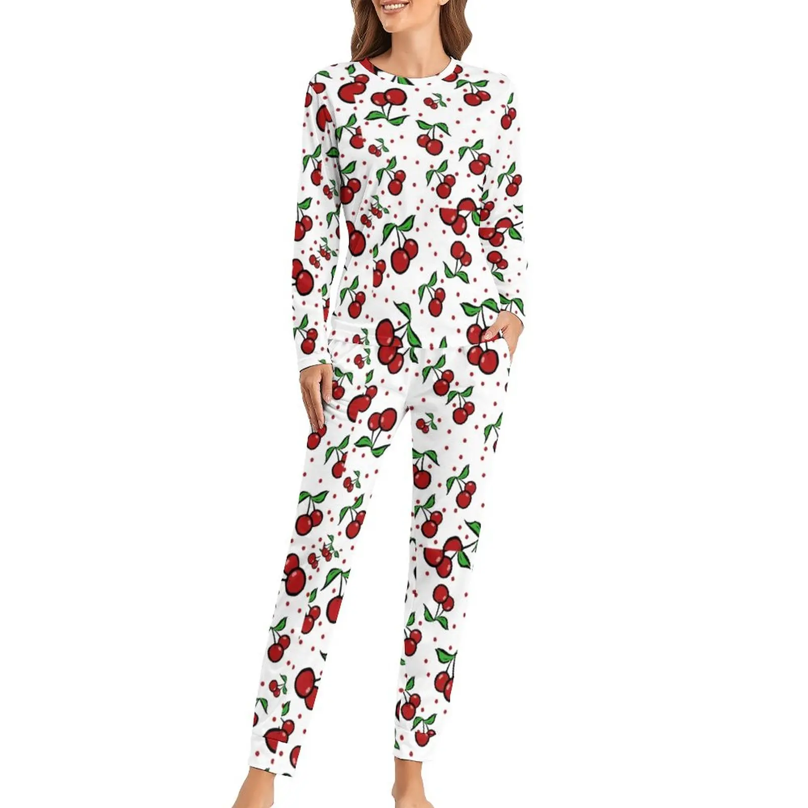 

Cherry Pajamas Fruit Long Sleeves Kawaii Ladies Sleepwear Room Custom Pajama Set