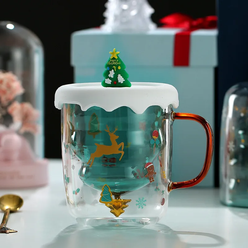 

Double Insulation Christmas Mug with Lid Glass Cup with Handle Christmas Tree Fawn Water Cup Home Milk Coffee Cup Couple Cup