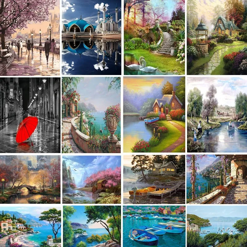 

Diy Diamond Painting Landscape Village Villa River Home Decoration Diamond Embroidery Partial Round Decoration Needlework Gift