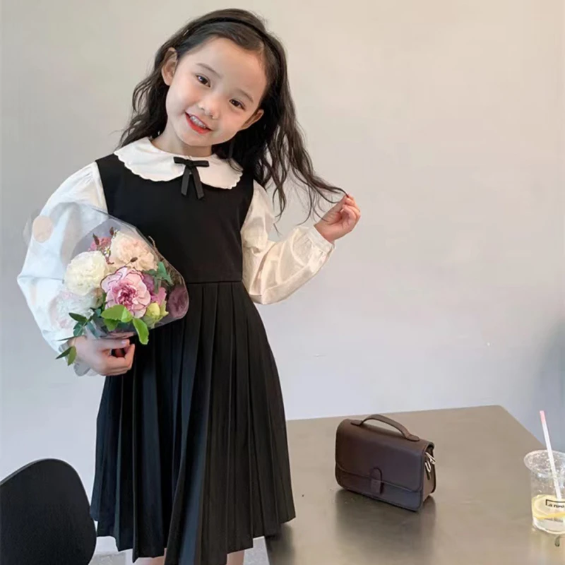 

Платье для девочек в стиле колледжа, рубашка с длинным рукавом и отложным воротником, платье принцессы, комплект детской одежды из 2 предметов, модная детская одежда