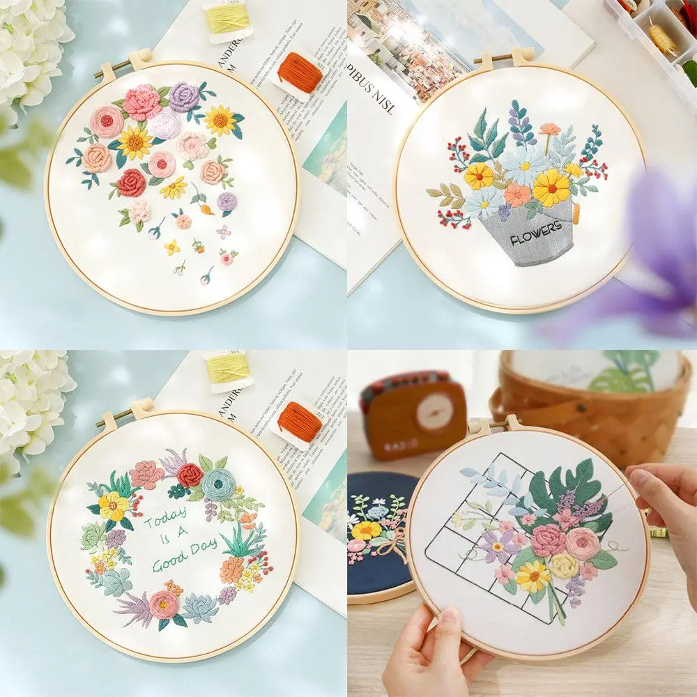 

DIY Cross Stitch Kit Flowers Plants Pattern Stamped Embroidery Starter Kit Craft Color Cloth Threads Tools