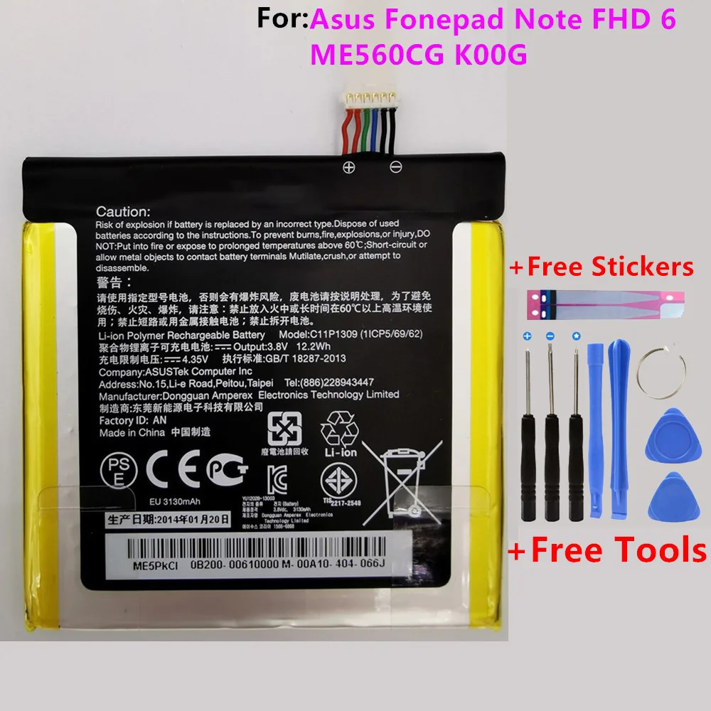 

100% Original 3130mAh C11P1309 Battery For Asus Fonepad Note FHD 6 ME560CG K00G Phone High Quality Battery+Free Tools