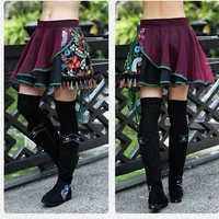 new fashion ethnic vintage midi skirt spring autumn mesh tassel floral embroidery elastic high waist ball gown women skirts