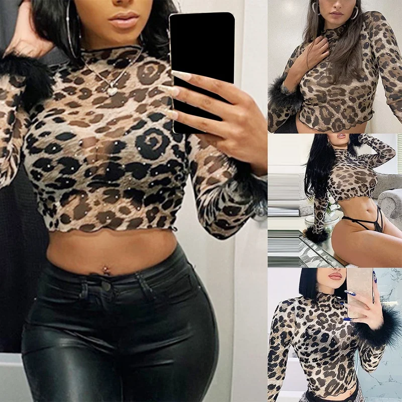 

Women's Fashion Sexy Short Navel Leopard Print Long Sleeve T-Shirt Tops Leopard