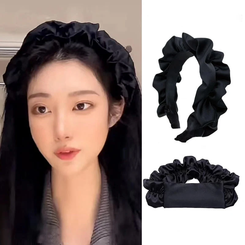 

Woman Girl Wash Face Makeup Hairband Satin Pleated Elastic Headband Hairpin Black Wide Headband Hair Accessories