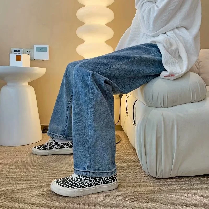 Blue/Grey Belt Jeans Men Fashion Retro Casual Straight Jeans Men Streetwear Loose Hip Hop Denim Pants Mens Trousers M-3XL