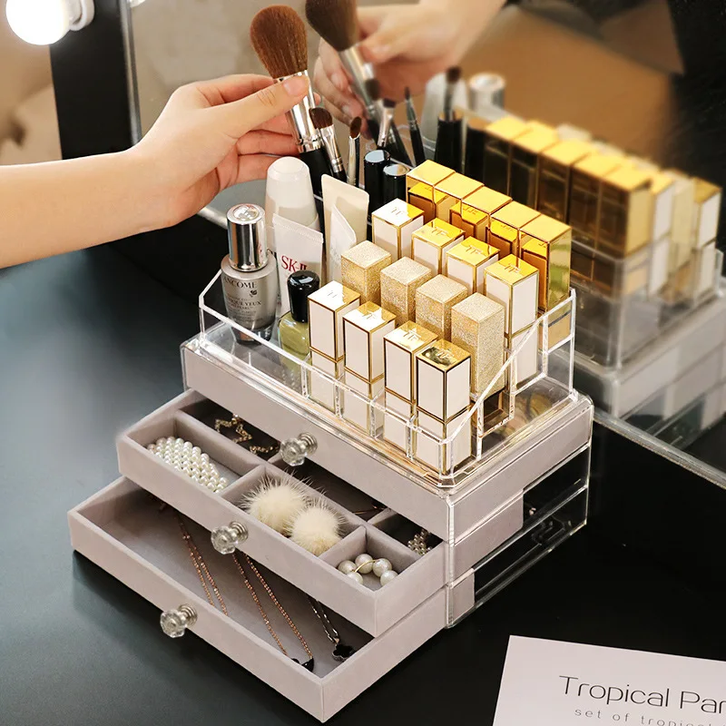 New Velvet Three-Layer Jewellery Storage Box Acrylic Organizers Earring Rings Necklace Large Space Jewellery Case Holder Women