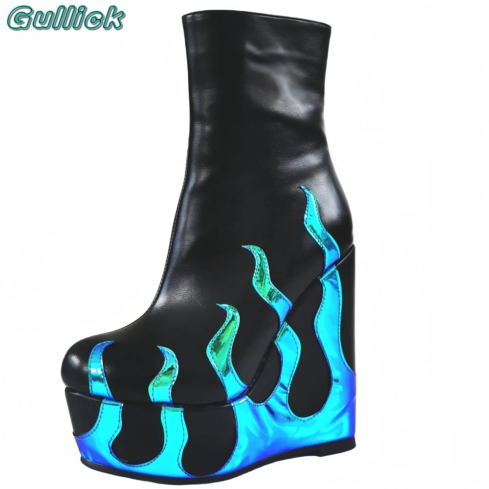 Женские ботинки с острым носком синие до середины икры на толстой танкетке