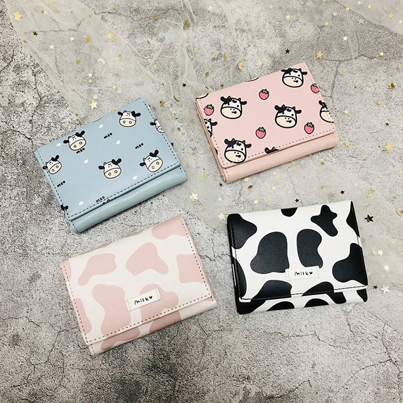 

New Multi-card Slot Short Small Coin Purse Ladies Mini Wallet Tri-fold Anime Cartoon Cow Pattern Wallet Card Bag Women Gifts