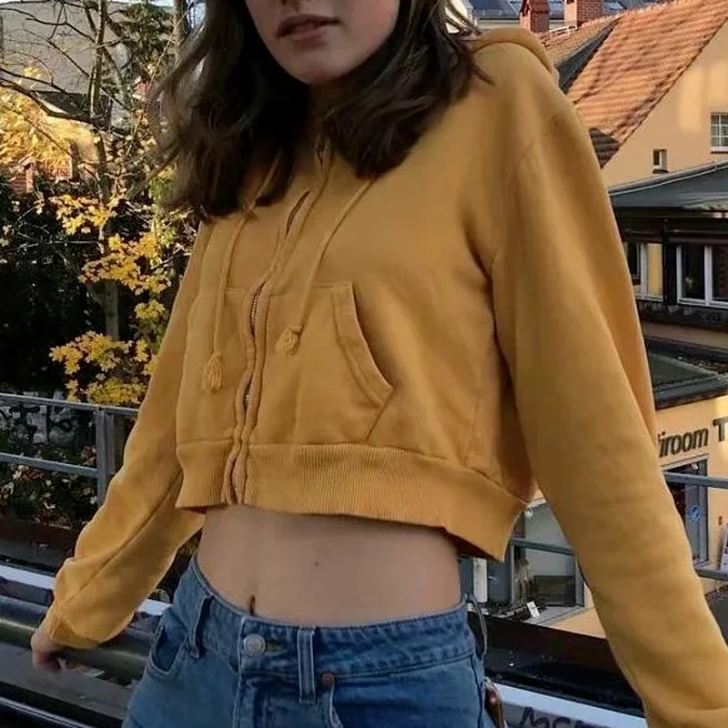 

Повседневные женские толстовки на молнии, топы, новинка 2021, корейские свободные облегающие свитшоты y2k с карманами, уличная одежда, укорочен...