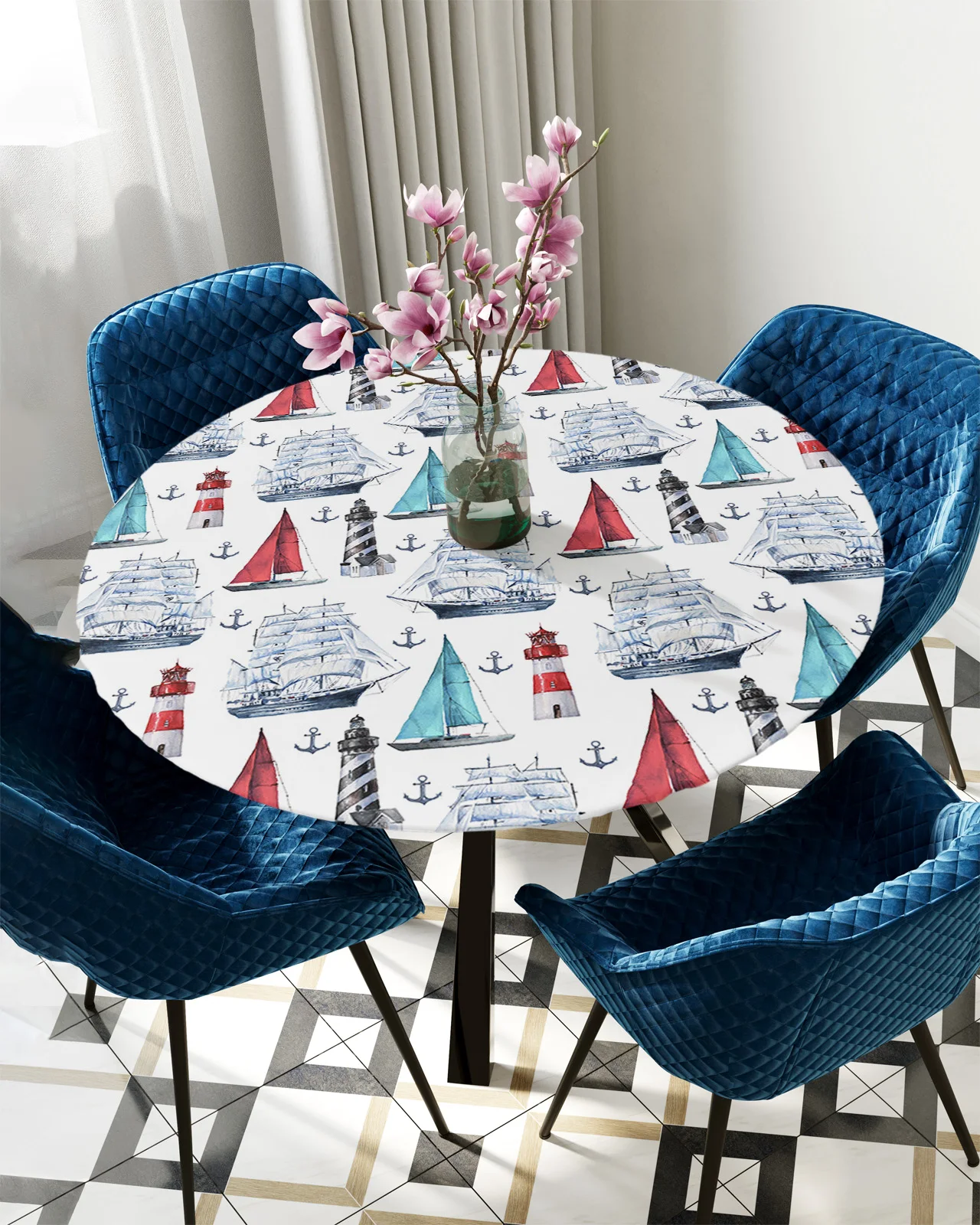

Summer Ocean Sailing Lighthouse Round Rectangular Table Cover Waterproof Elastic Tablecloth For Kitchen Table Cloth Home Decor