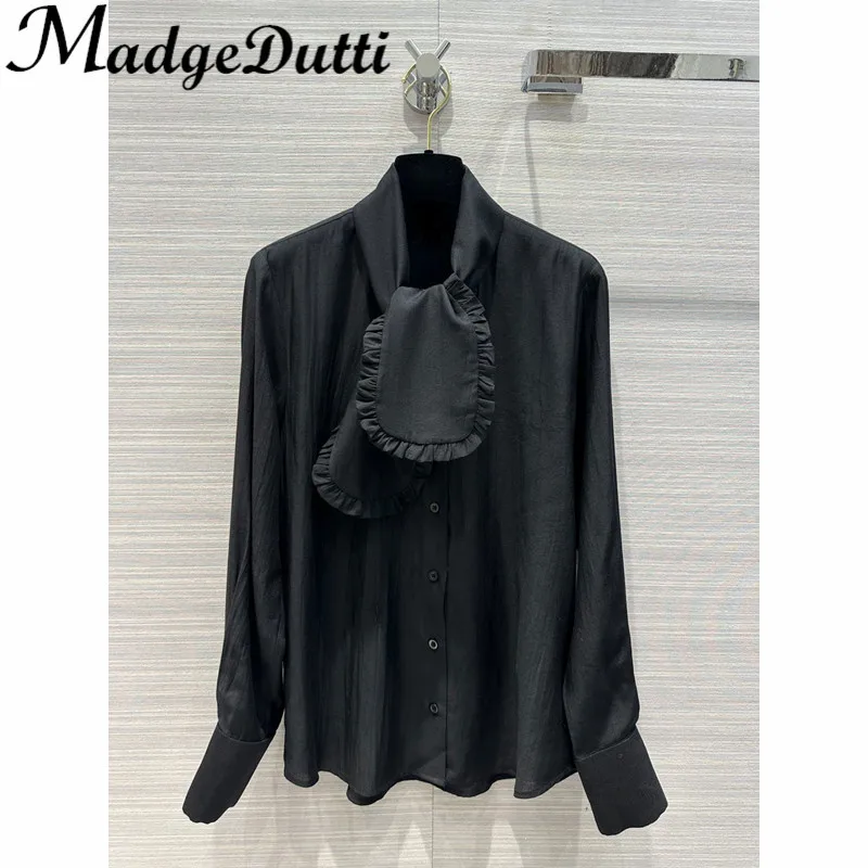 

11.15 MadgeDutti Court Style Elegant Lapel Knot Design Embroidery Letter Long Sleeve Cotton Shirt Women