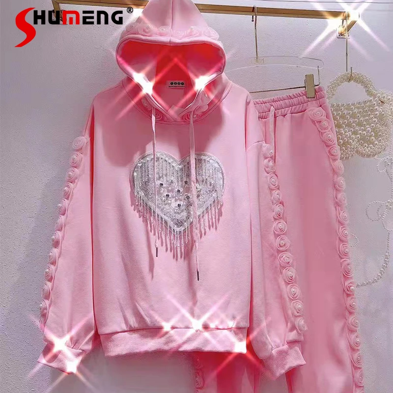 

Casual Sweet Two-piece Suit Women 2022 Spring New Korean Fairy Beads 3D Plate Flower Hooded Sweatshirt Ladies Fashion Sweatpants