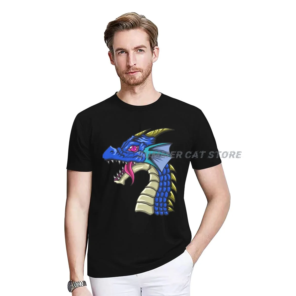 

Men's T-shirt Summer Cotton Cute Blue Scales Cartoon Dragon O-neck Short Unisex Casual T-shirt