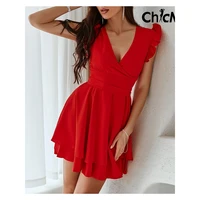 chicme women layered flutter sleeve wrap casual dress red v neck sleeveless mini dresses for women with belt vestidos elegantes