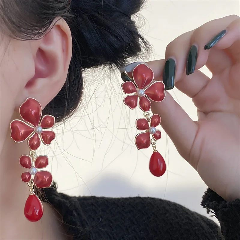 

925 Silver Needle Korean Fashion Retro Red Flower Tassel Exaggerated Earrings For Women Wedding Bridal Party Jewelry Gifts