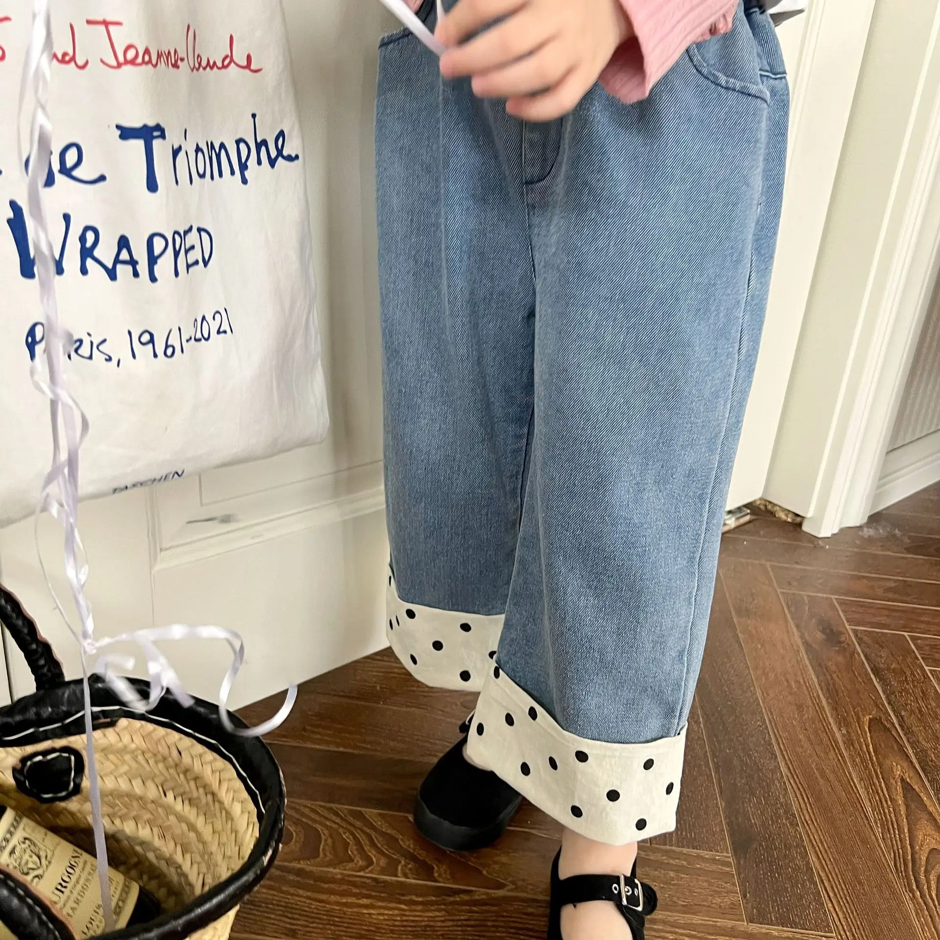 

Trousers Girl's Jeans Spring Denim Stitching Polka Kid's 2-9year Dot Pant 2023 Children's Korean Pant New Jeans Casual