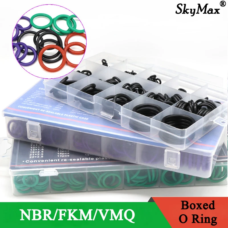 

Boxed VMQ NBR FKM O Ring Set Rubber Washer Seals Assortment Red/Black/Green O-Ring Seals Set High Quality For Car Gasket