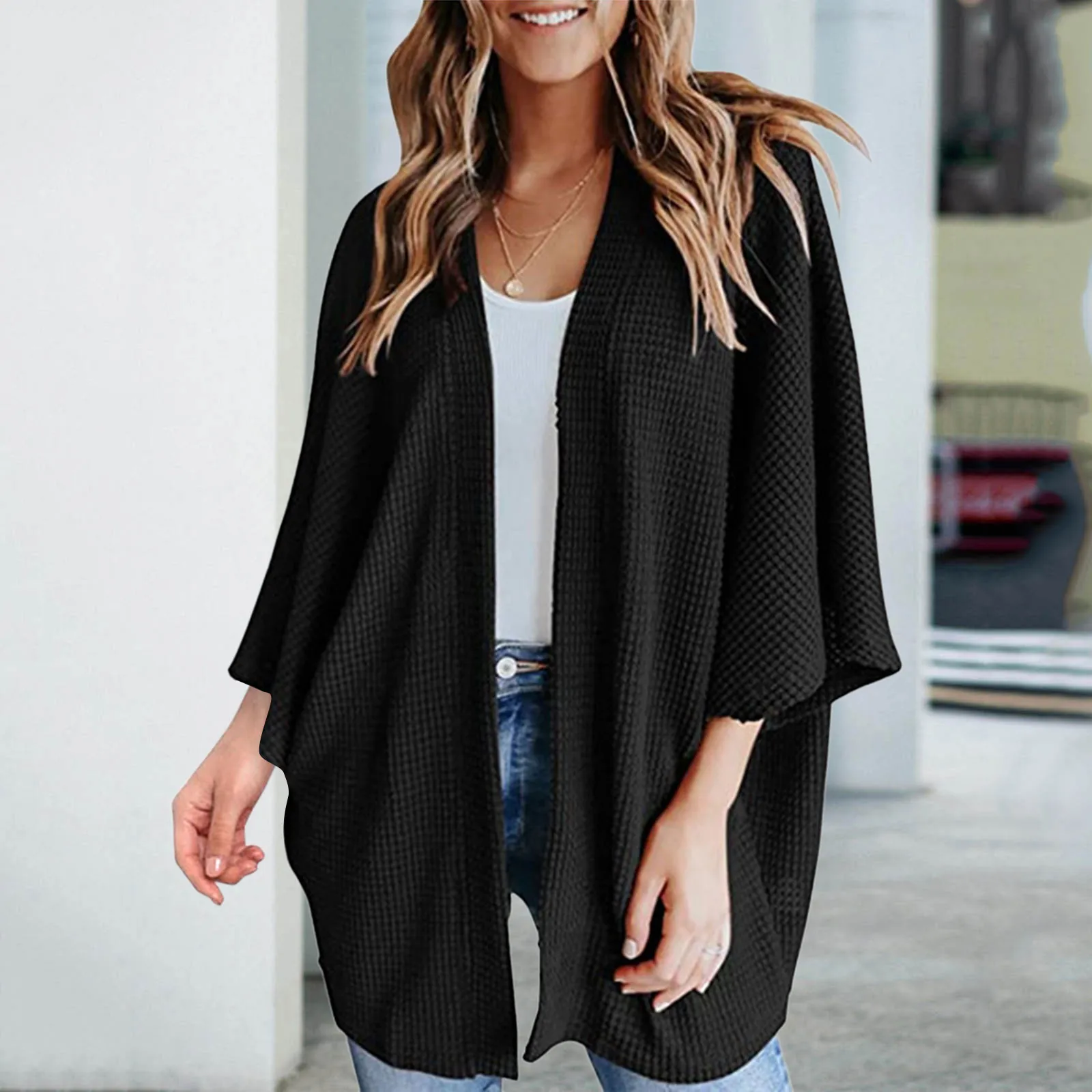 

Womens Fuzzy Popcorn Batwing Sleeve Cardigan Knit Oversized Sweater Coat Hooded Thick Cardigan