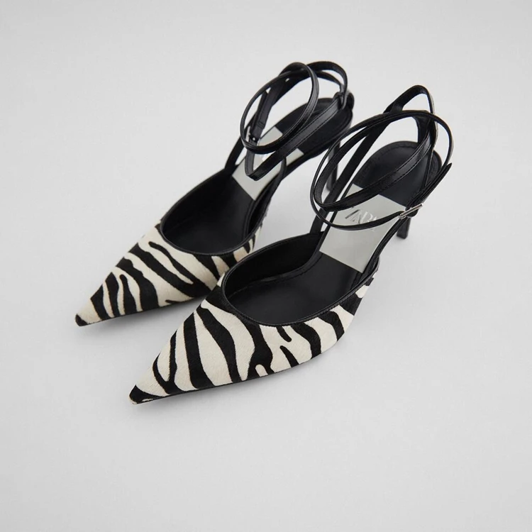 

SOUTHLAND Zebra Pattern Strap Pointed Toe Sandals Shoes Women Thin High Heels Sexy Pumps Party Dress Shoes Slingback Sandal