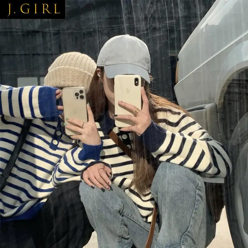 

Pullovers Women Korean Style Loose Simple Classic Basic Striped Retro College Casual Chic Knitted Sweater All-match Friends Ins
