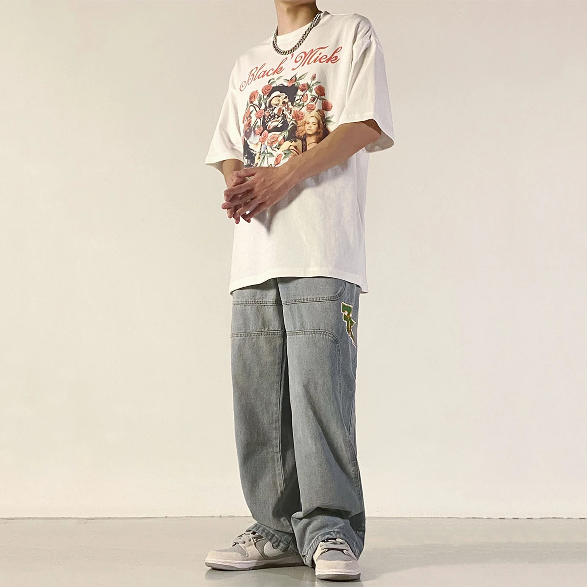 Four Seasons Men Jeans High Street Letter Embroidery Stitching Micro-Flare Casual Men's Loose Jeans Y2k Pants Ins Hot Sale JEANS