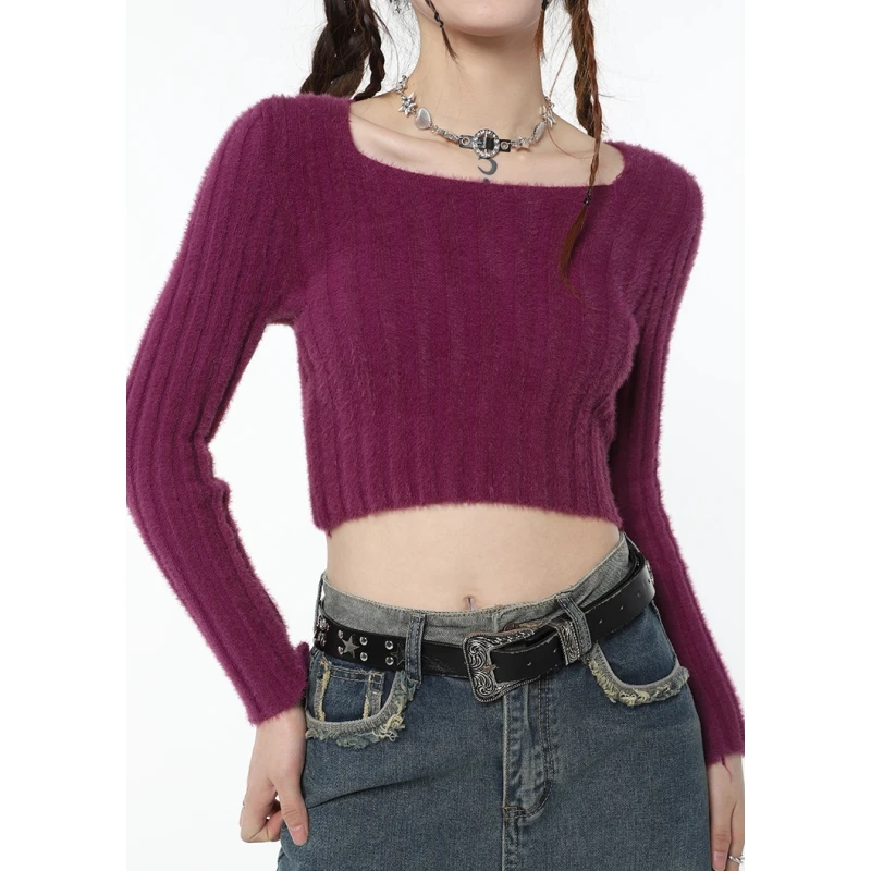 

Women's Clothes Purple Sweater Short Square Neck Vintage Fashion Lazy Wind Winter Female Knitting Long Sleeves Pullover Tops
