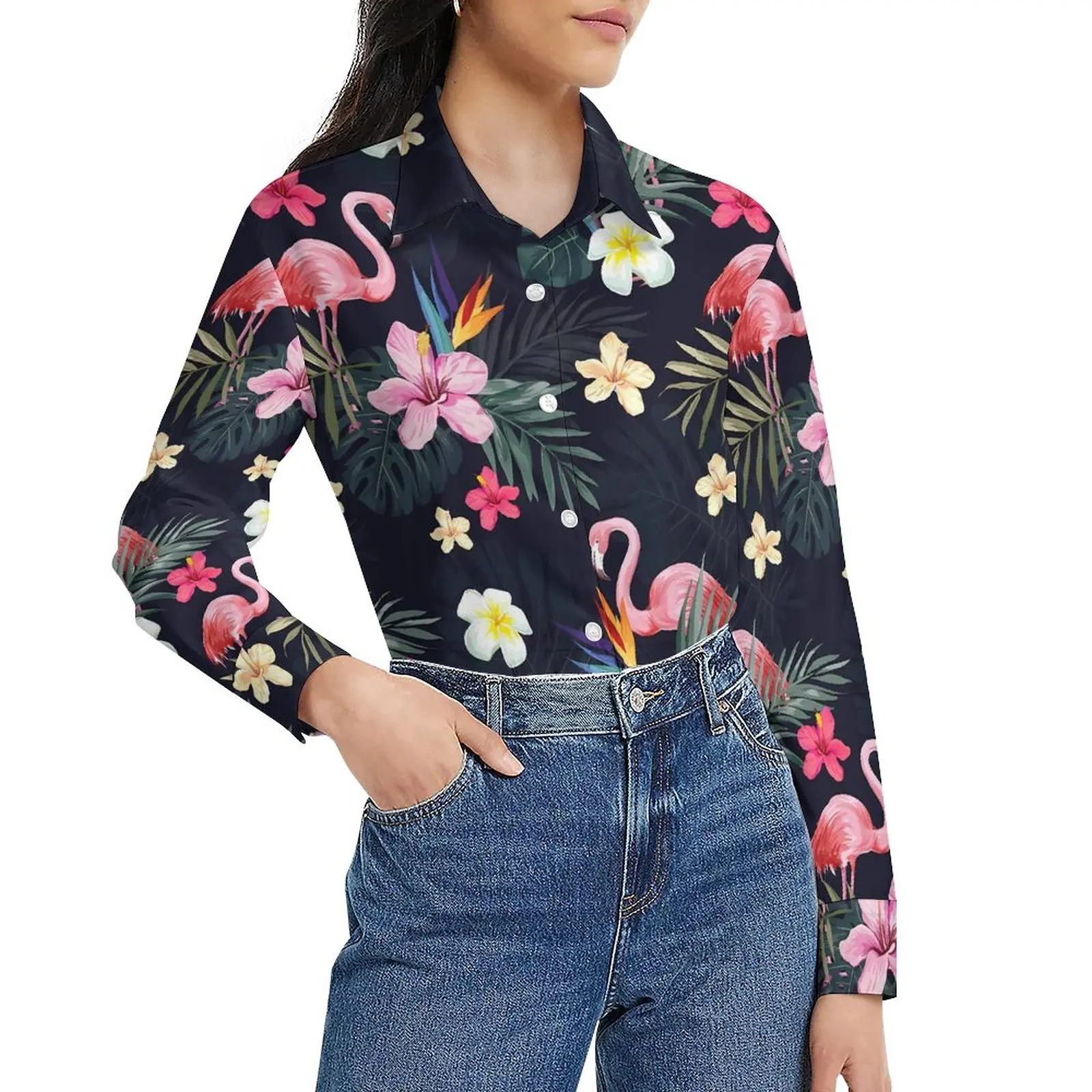 

Tropical Birds Blouse Long Sleeve Flamingo Print Funny Blouses Women Street Fashion Oversize Shirt Custom Top Birthday Present