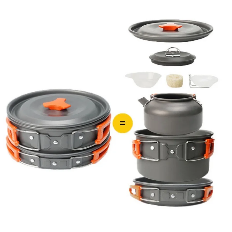 

Набор посуды для кемпинга, алюминиевый набор для приготовления пищи на открытом воздухе, чайник для воды, горшок, путешествия, туризм, пикник, посуда для барбекю, оборудование для кемпинга