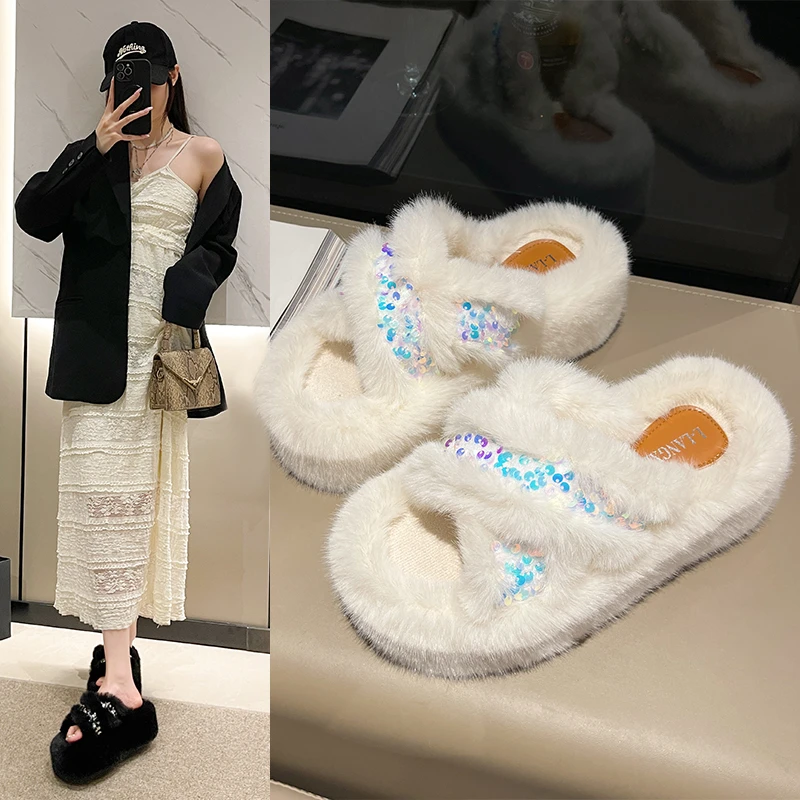 Тапки женские зимние на платформе искусственный мех хлопковая обувь для дома