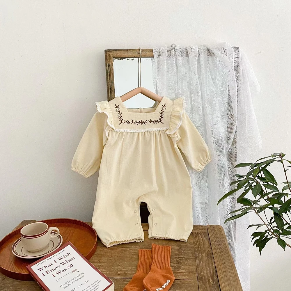 

Jlong Autumn Toddler Lace Square Collar Romper Kids Long Sleeve Jumpsuit Baby Girls Baby Cotton Embroidered Onesie 0-18 Months