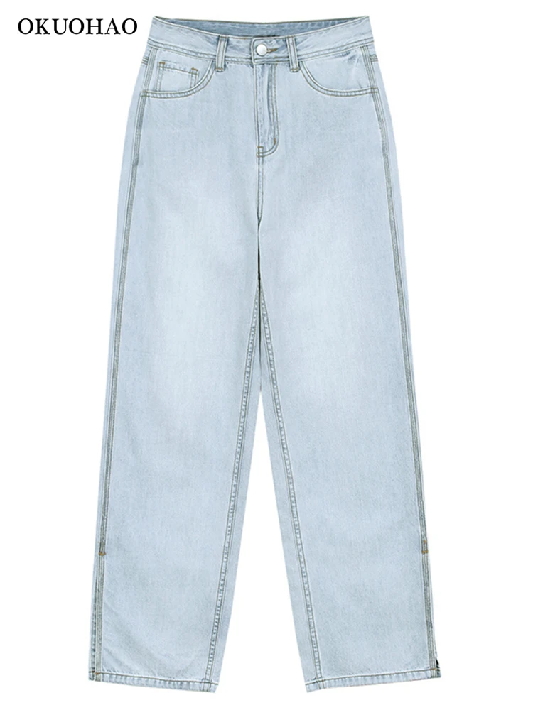 Джинсы-бойфренды Okuohao прямые широкие штаны свободные с высокой талией 2020 |