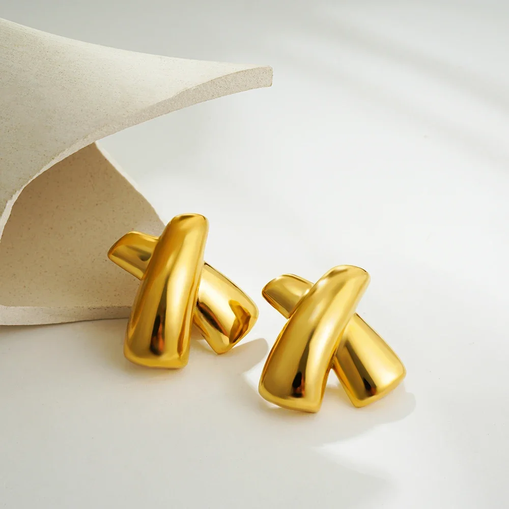 Punk Gold Color Smooth Cross Chunky Earrings for Women Thick X-shape Lightweight Statement Drop Earring Fashion Jewelry Gifts