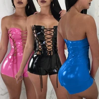 2022 sexy women pu lether jumpsuit cross bandage party night clubwear romper women jumpsuit overalls
