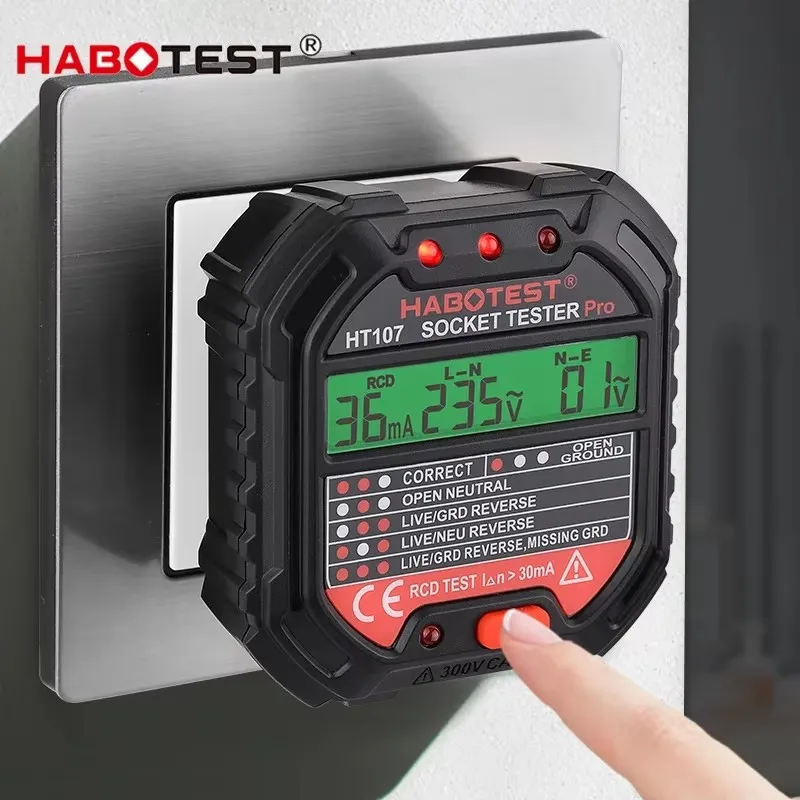 Фото Цифровой тестер розеток HABOTEST HT107 Pro, детектор УЗО 5мА/30мА, проверка заземления и полярности, опционально для вилок EU/US/UK №2