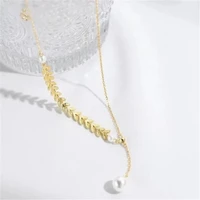 womens half faux pearl beads chain choker necklace laurel leaf necklace with charm gold leaves fishbone tiny layering choker