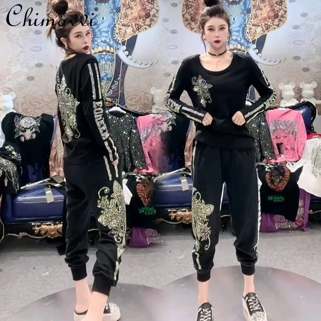 Европейская Тяжелая популярная рубашка с круглым вырезом и бриллиантами Женский