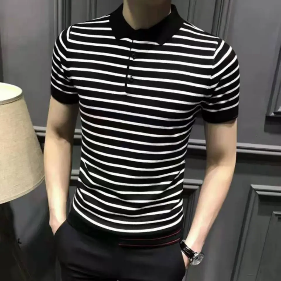 

2022 Summer High Quality Striped Short Sleeve Knitted Polo Shirt Men Clothing Turn Down Collar Slim Casual Polo Shirt Homme R02