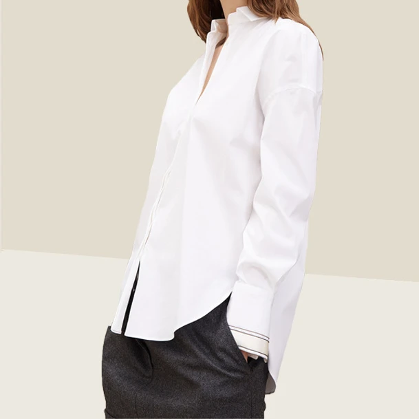 

Ribbon Bead Chain Decorated White Shirt 2022 Early Spring New Luxury Fashion Casual Solid Color Women's Top