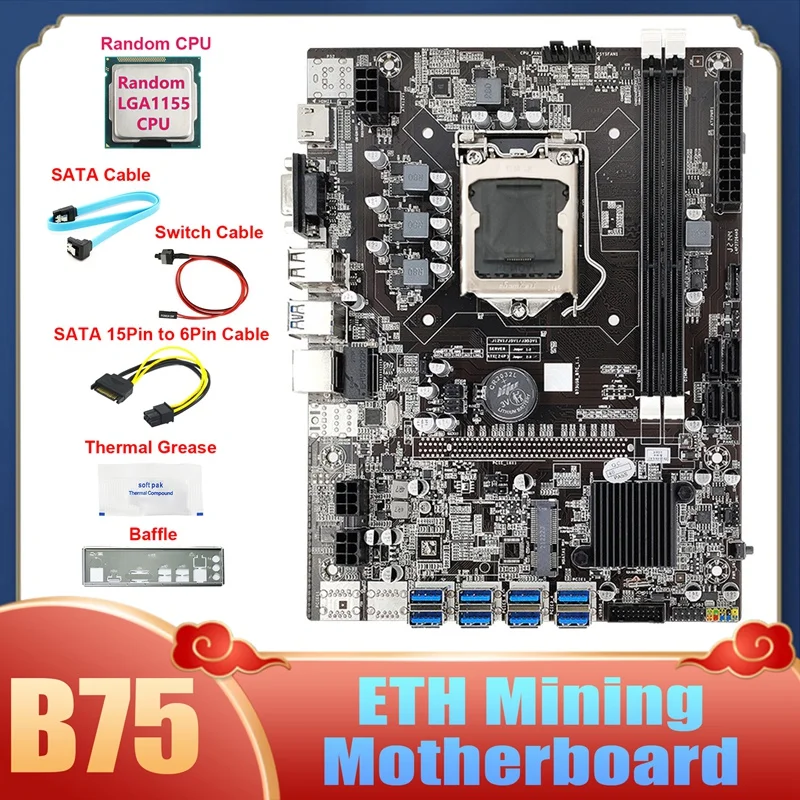 

B75 8USB ETH Mining Motherboard+CPU+SATA 15Pin To 6Pin Cable+SATA Cable+Switch Cable+Baffle+Thermal Grease For BTC Miner