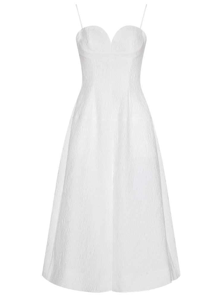 YIGELILA Fashion Women White Spaghetti Strap Dress Elegant Sweetheart Neck Party Dress Empire Slim Solid Dress Mid-length 67471