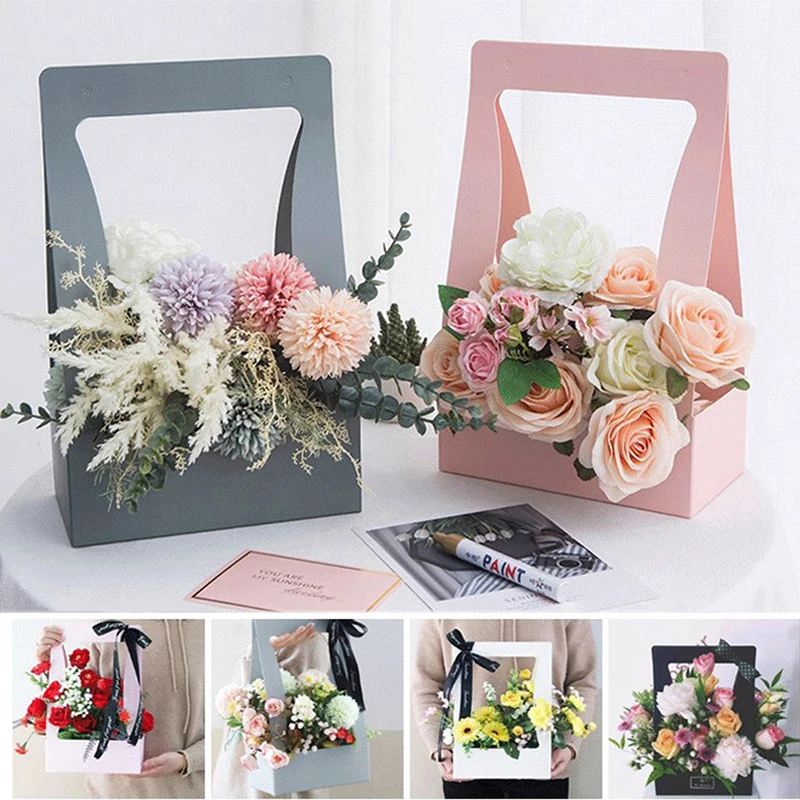 Portable Flower Basket Bouquet Handle Carton Creative Bouquet Holiday Gift Wrapping Box