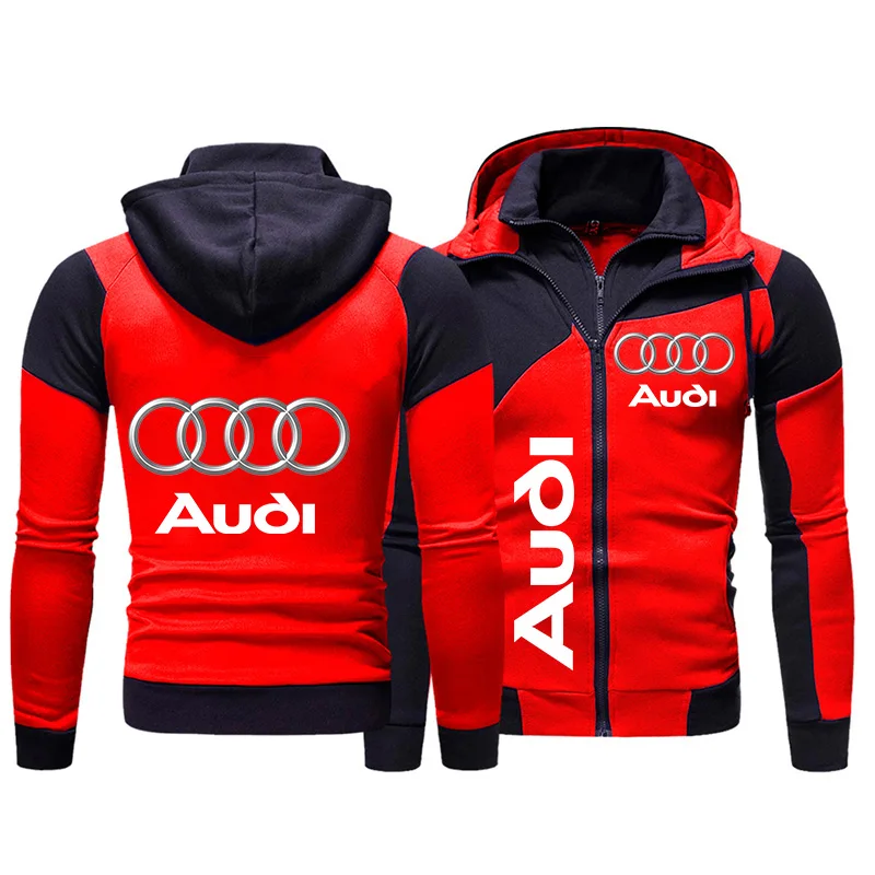 

2023 New Mens Audi Print Hoodie Jacket Thicken Warm Hoodie Fleece Sweatshirt Motorcycle Jacket Man Red Zipper Hoodie Autumn Coat