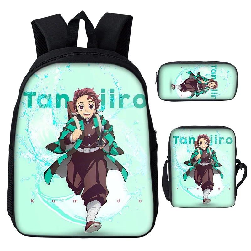 Girls Boys Anime Backpacks 3 Piece Demon Slayer Nezuko Tanjirou Children Fashion Shoulder Bags New Kids Cute Pen Bag All-match