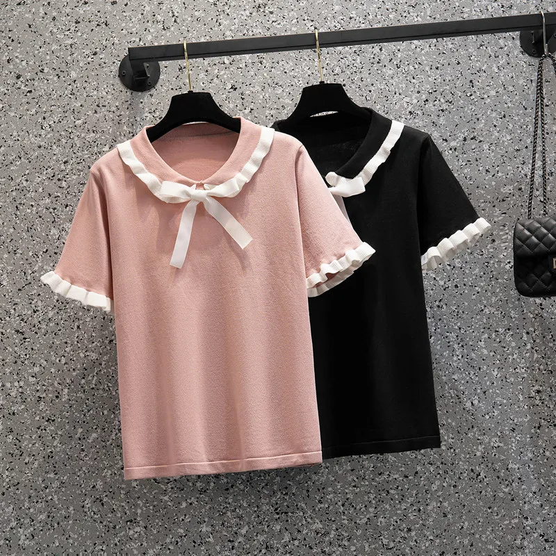 

XL size women casual loose bow thin sweater 2022 Summer short sleeve v neck kintting Oversized pullover sueters de mujer