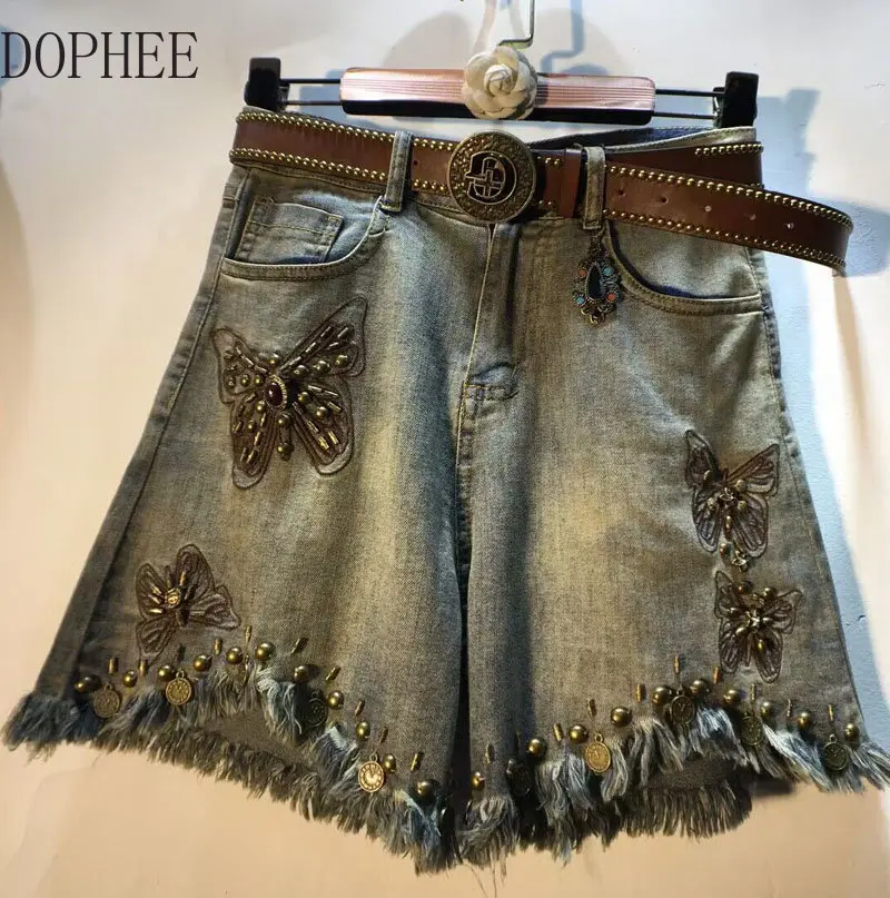 European Station 2023 New Summer Embroidery Butterfly Beading High Waist Denim Shorts All-match Tassel Loose Wide Leg Pants