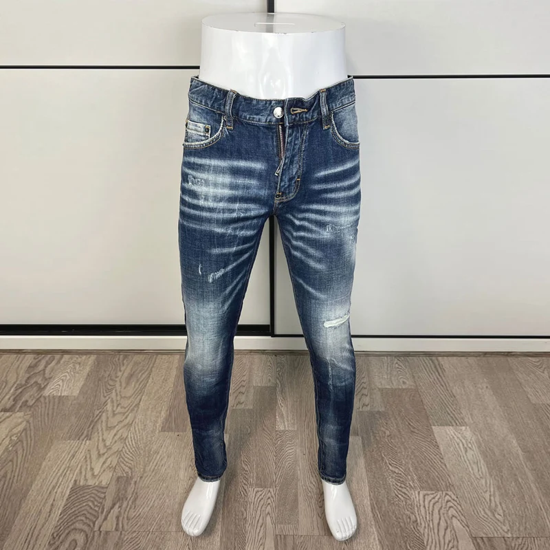Italian Style Fashion Men Jeans High Quality Retro Blue Elastic Slim Fit Ripped Jeans Men Vintage Designer Brand Pants Hombre